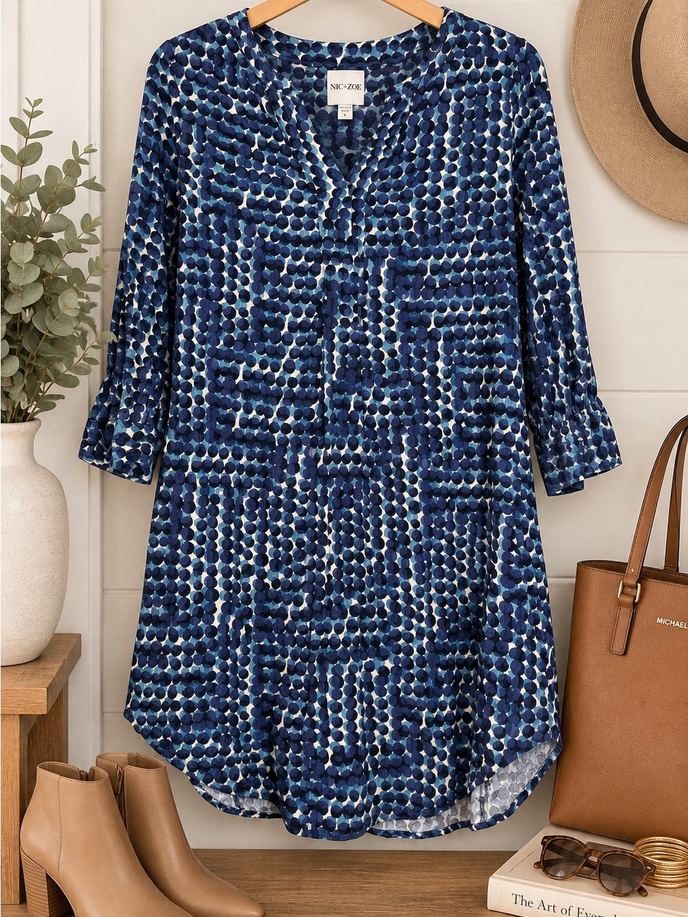 NIC+ZOE Navy and White Dot-Print Midi Tunic Dress